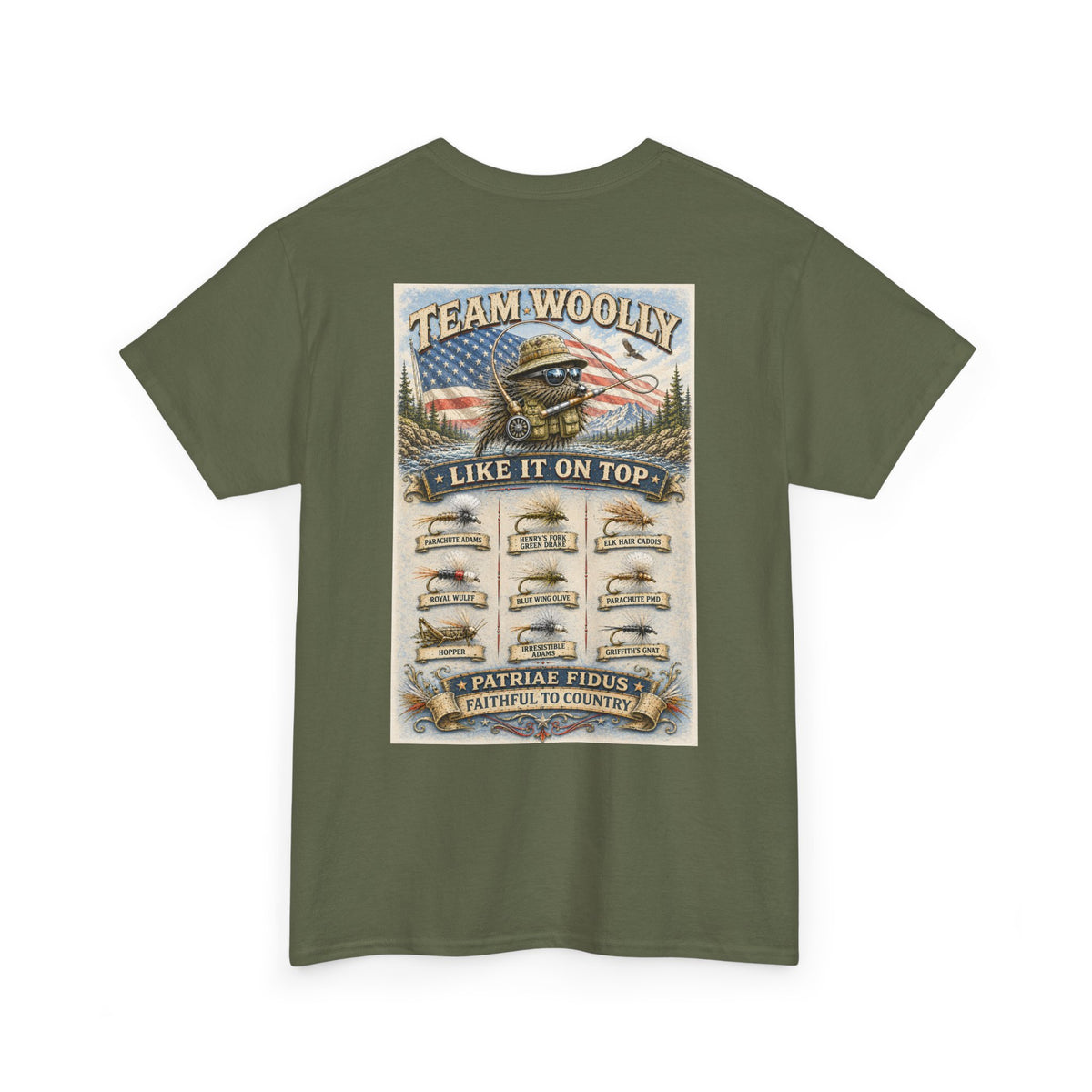 Team Woolly Dry Fly Collection T-Shirt: ("Like It On Top")