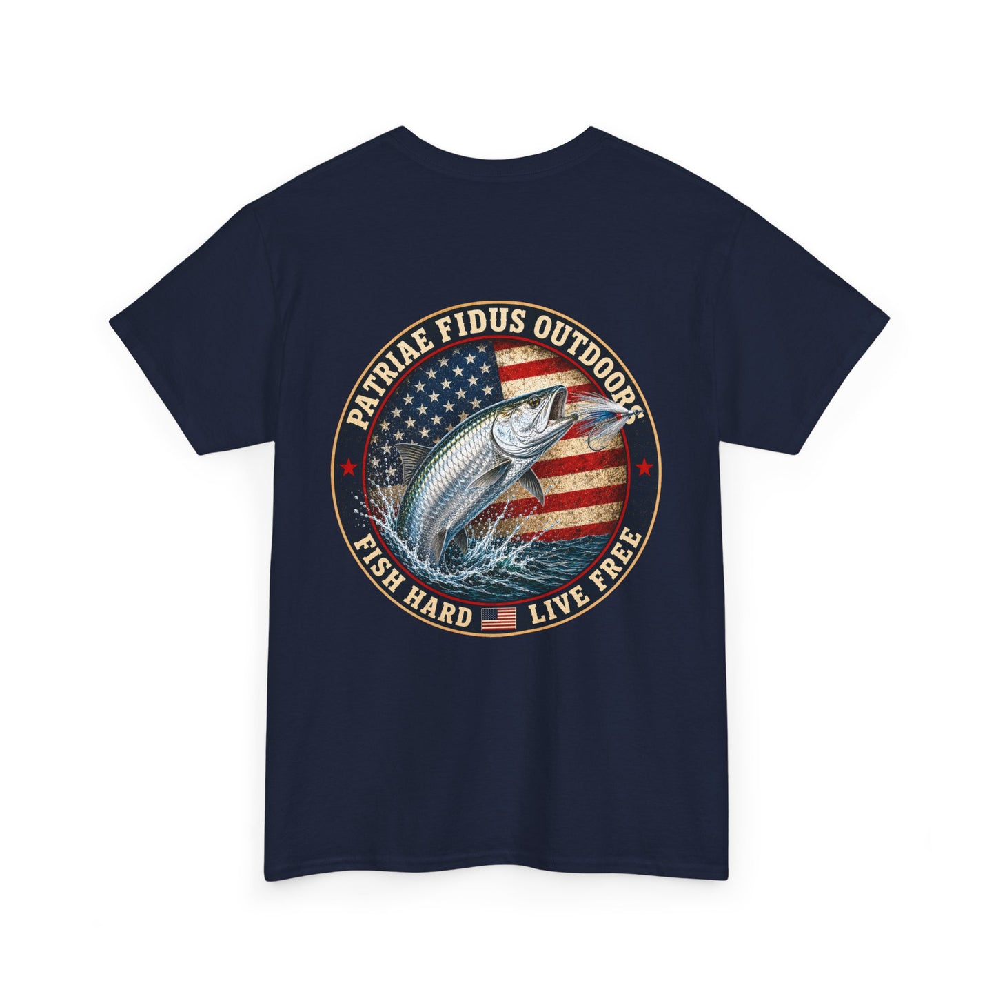 “Fish Hard Live Free” T-Shirt — Tarpon Patriae Fidus Outdoors American Flag Design