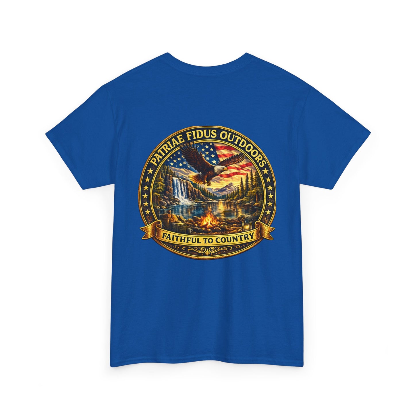 Patriae Fidus Outdoors Tee — Faithful to Country American Flag Eagle T‑Shirt