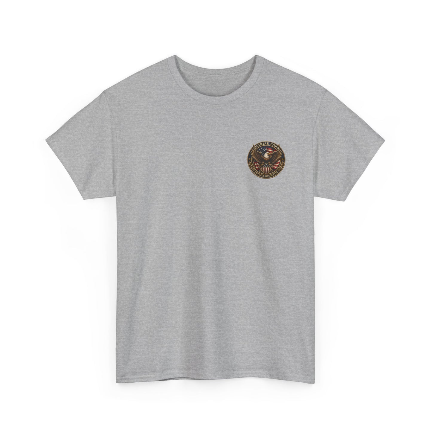 Patriae Fidus Patriotic Tee — Revolutionary Soldier Flag Graphic T‑Shirt