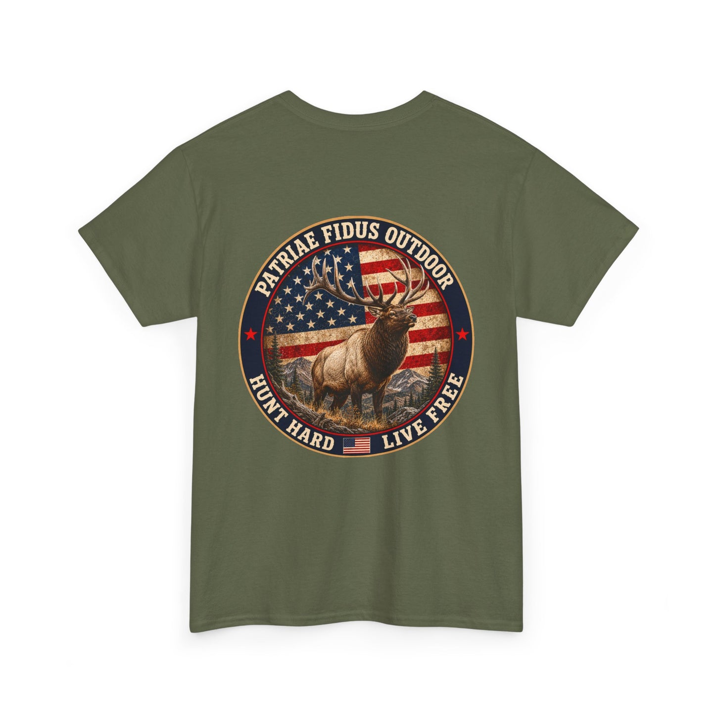 Hunting T-Shirt — Patriæ Fidus Outdoor 'Hunt Hard Live Free' American Flag Elk Tee
