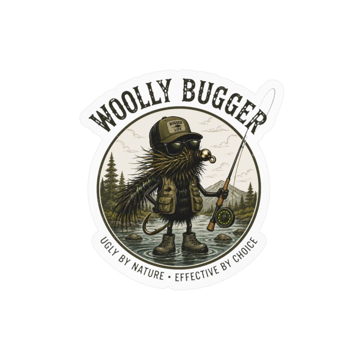 Kiss-Cut Vinyl Decal — "Woolly Bugger" Fly-Fishing Sticker (Ugly by Nature • Outdoor Angler Gift)