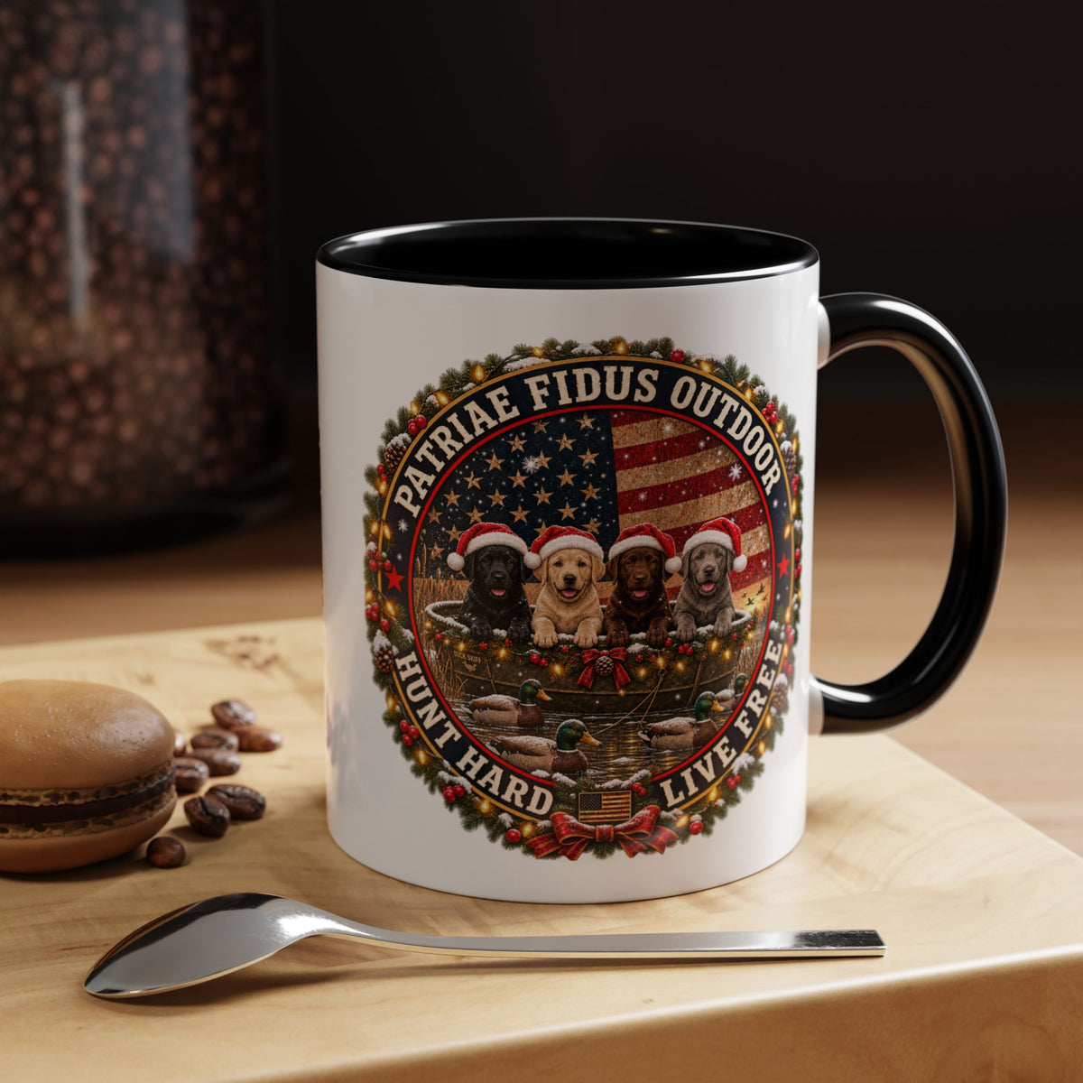 Patriæ Fidus Outdoor Christmas Coffee Mug — "Hunt Hard, Live Free" with Labrador Trio (11/15oz)