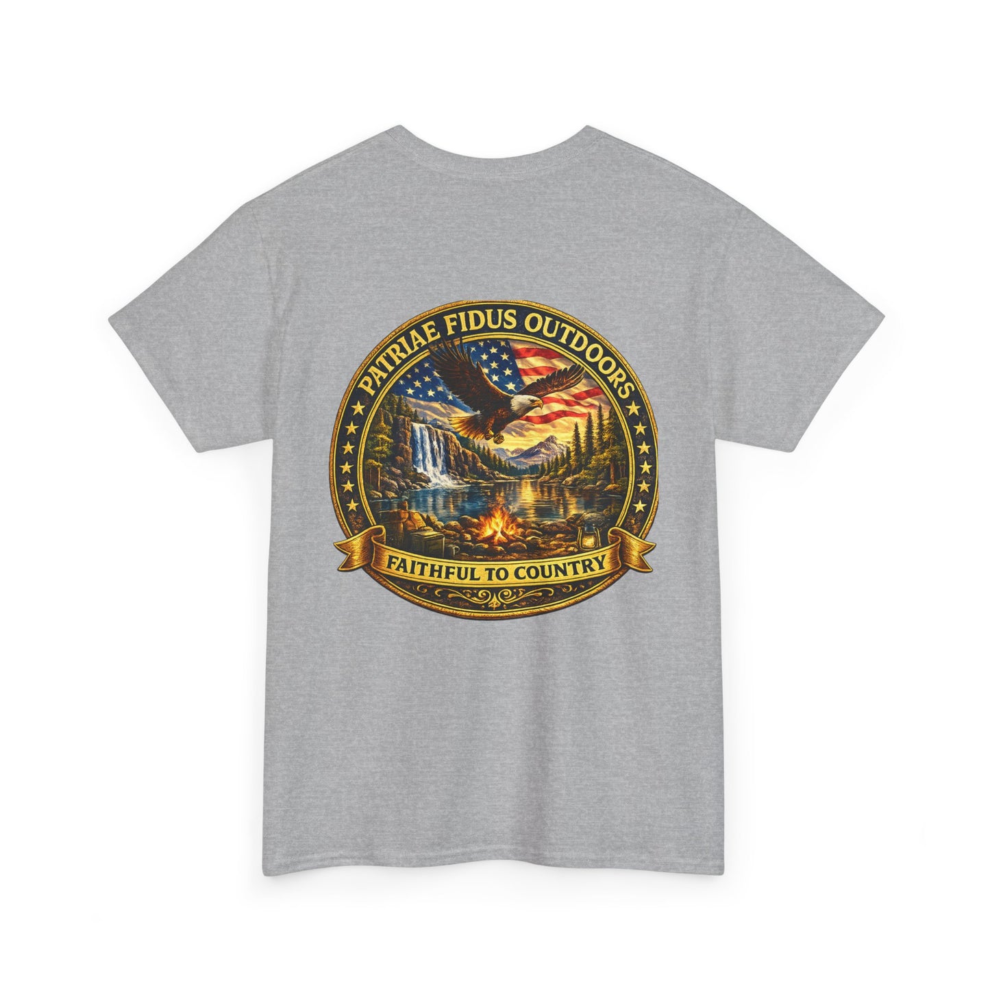 Patriae Fidus Outdoors Tee — Faithful to Country American Flag Eagle T‑Shirt