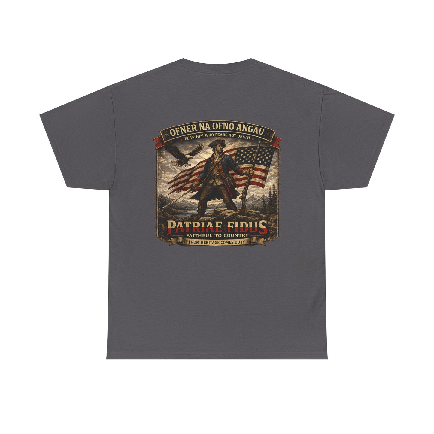 Patriae Fidus Patriotic Tee — Revolutionary Soldier Flag Graphic T‑Shirt