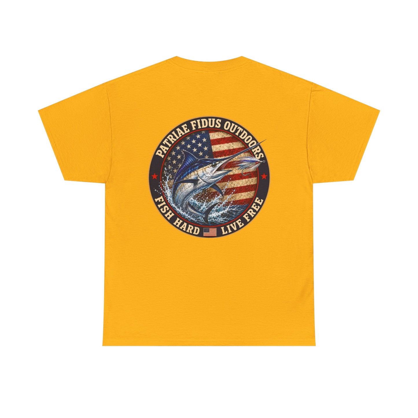 “Fish Hard Live Free” T-Shirt — Marlin Patriae Fidus Outdoors American Flag Design