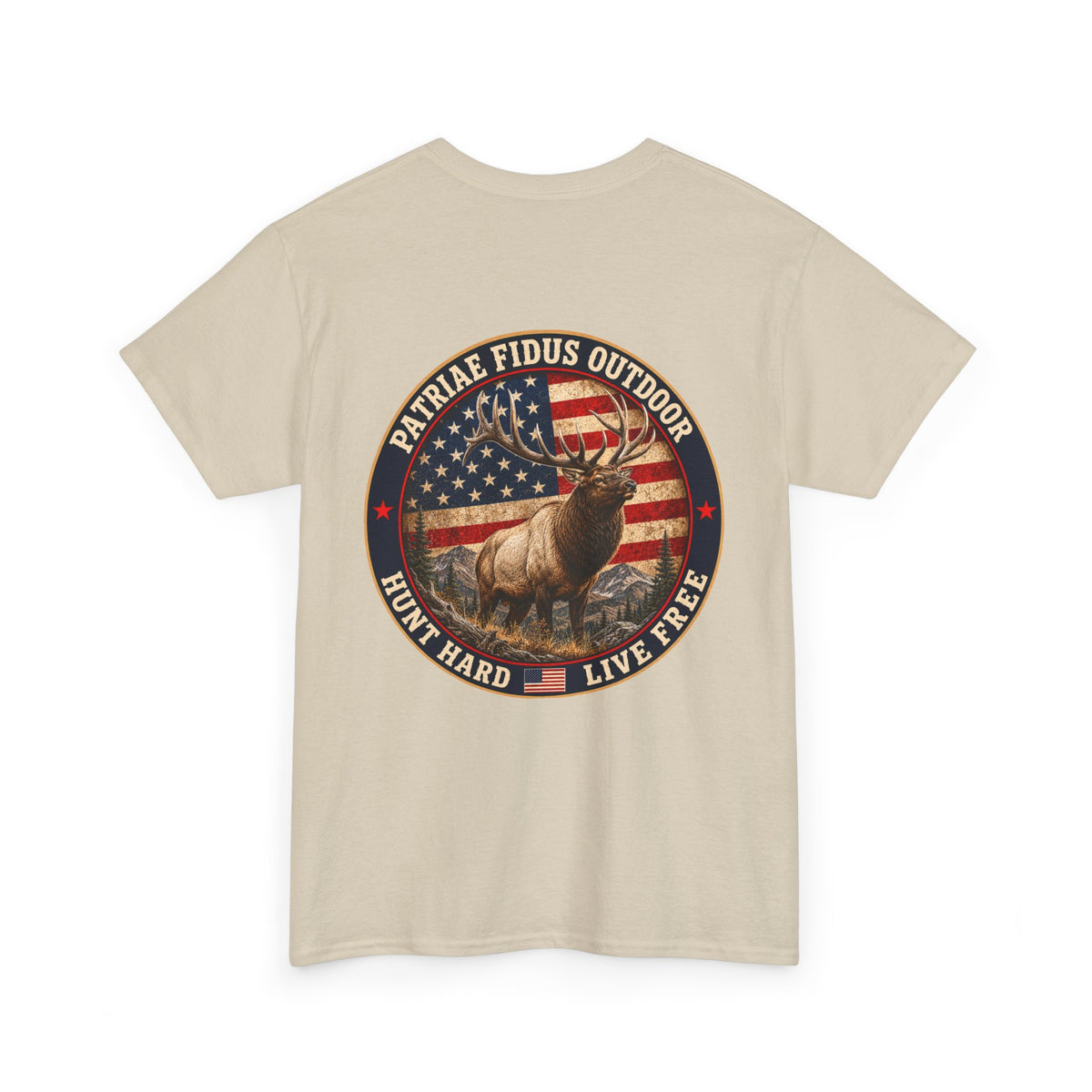 Hunting T-Shirt — Patriæ Fidus Outdoor 'Hunt Hard Live Free' American Flag Elk Tee