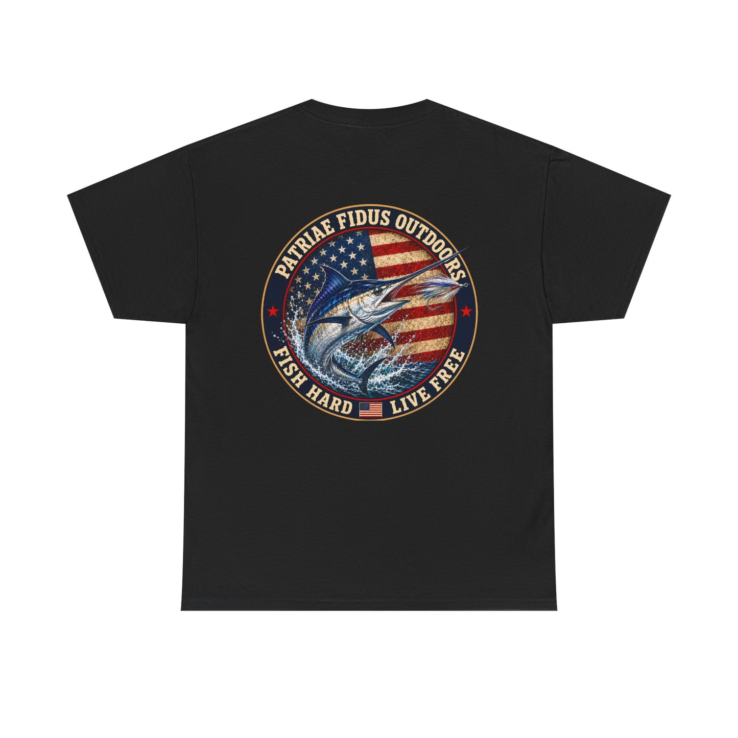 “Fish Hard Live Free” T-Shirt — Marlin Patriae Fidus Outdoors American Flag Design