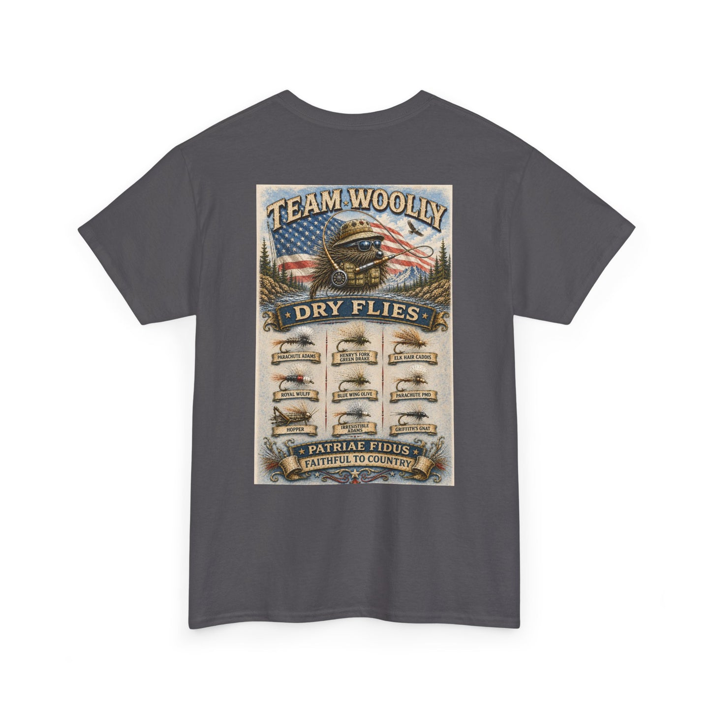 T-Shirt — Team Woolly Dry Flies Fishing Graphic Tee (Back Print)