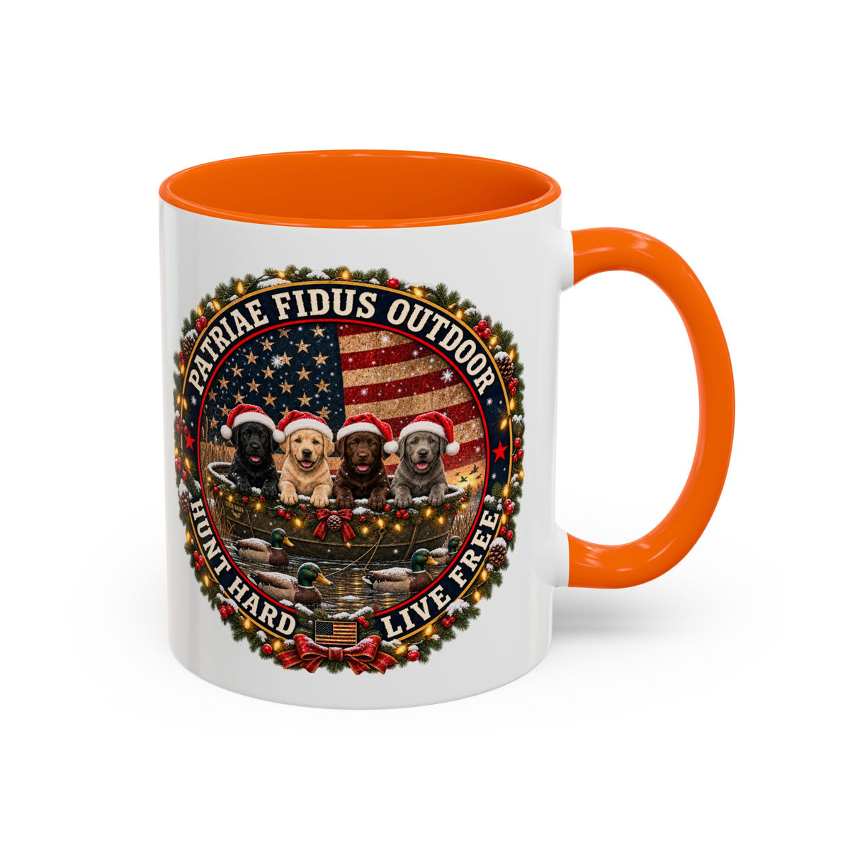Patriæ Fidus Outdoor Christmas Coffee Mug — "Hunt Hard, Live Free" with Labrador Trio (11/15oz)