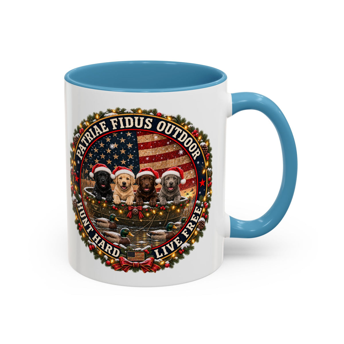 Patriæ Fidus Outdoor Christmas Coffee Mug — "Hunt Hard, Live Free" with Labrador Trio (11/15oz)