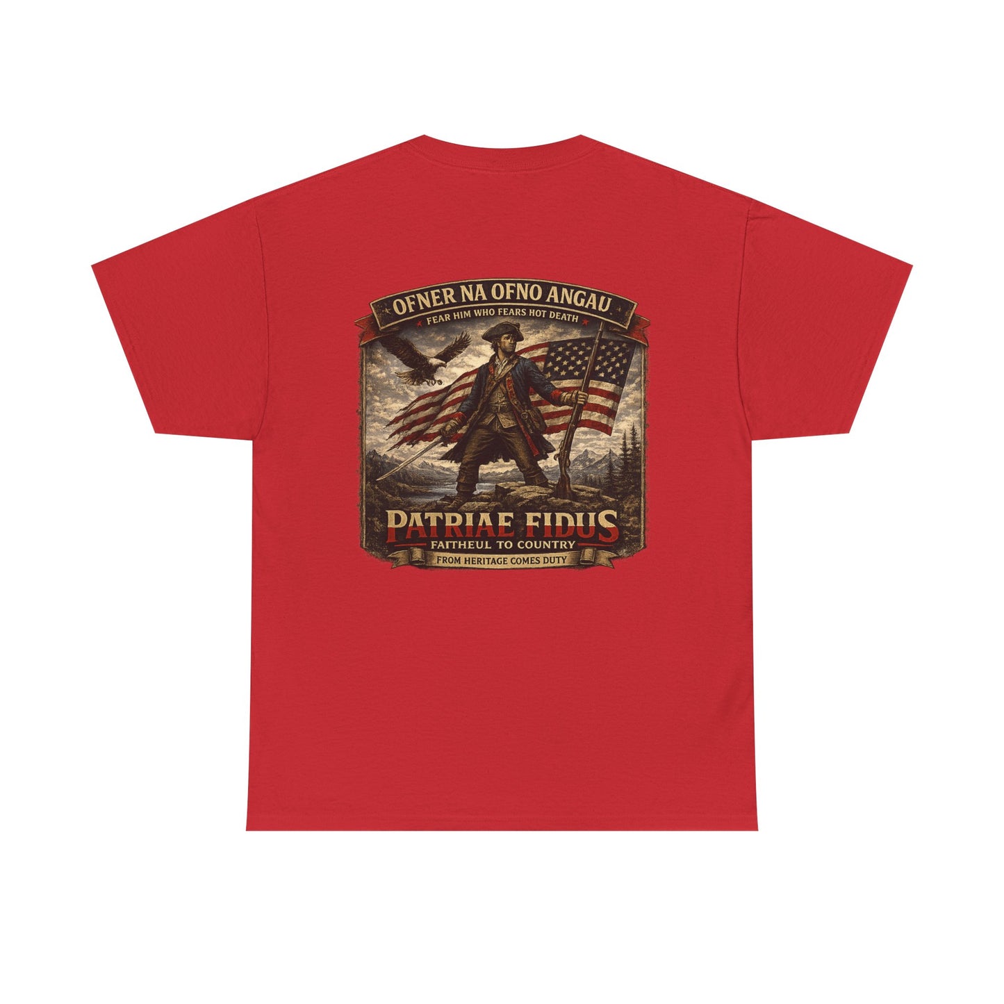 Patriae Fidus Patriotic Tee — Revolutionary Soldier Flag Graphic T‑Shirt