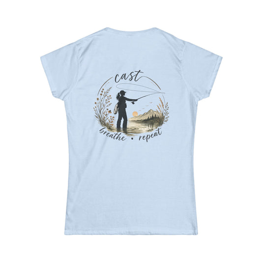 Women's Fly Fishing Tee — "Cast, Breathe, Repeat" Nature Graphic
