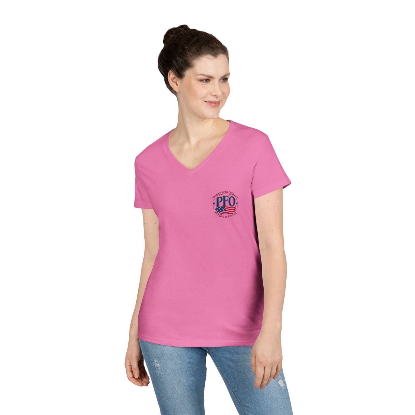 Patriae Fidus Outdoors Ladies' V-Neck T-Shirt — American Flag Hunting Logo