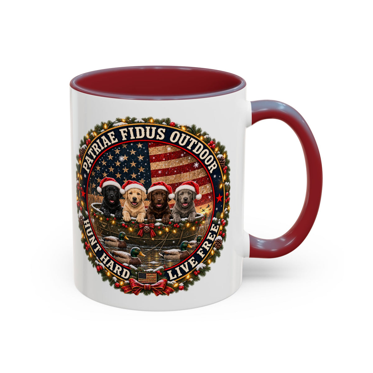 Patriæ Fidus Outdoor Christmas Coffee Mug — "Hunt Hard, Live Free" with Labrador Trio (11/15oz)
