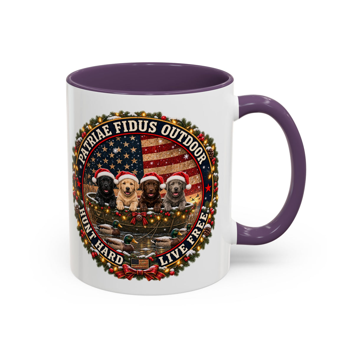 Patriæ Fidus Outdoor Christmas Coffee Mug — "Hunt Hard, Live Free" with Labrador Trio (11/15oz)
