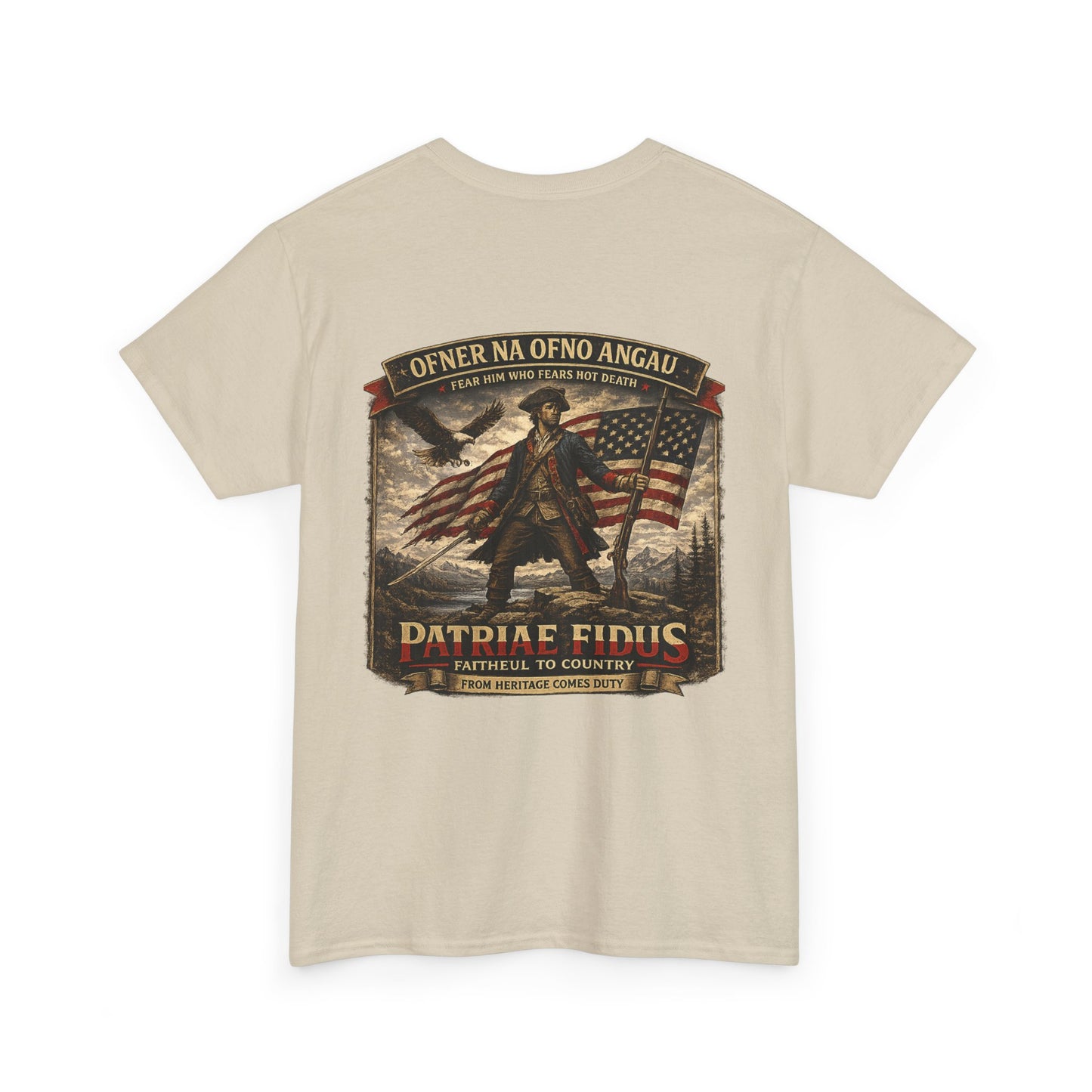 Patriae Fidus Patriotic Tee — Revolutionary Soldier Flag Graphic T‑Shirt