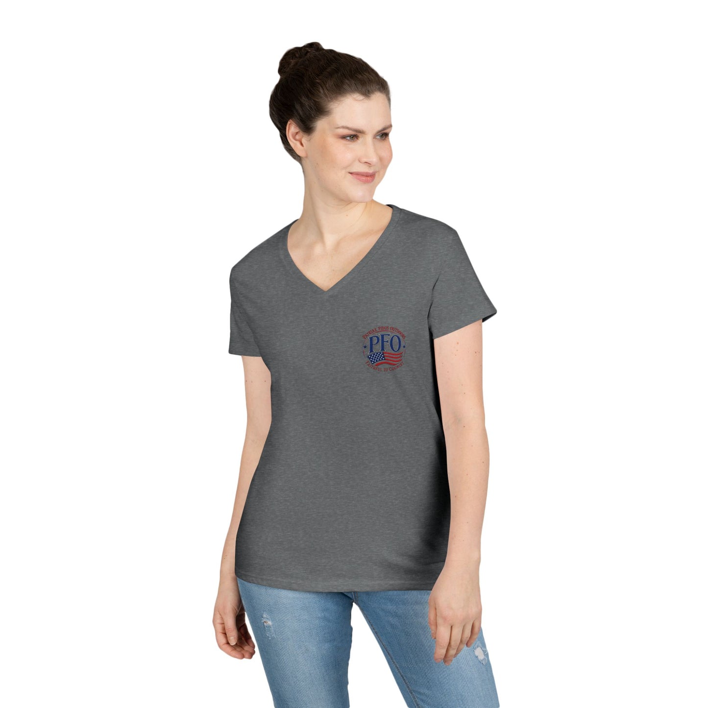 Patriae Fidus Outdoors Ladies' V-Neck T-Shirt — American Flag Hunting Logo