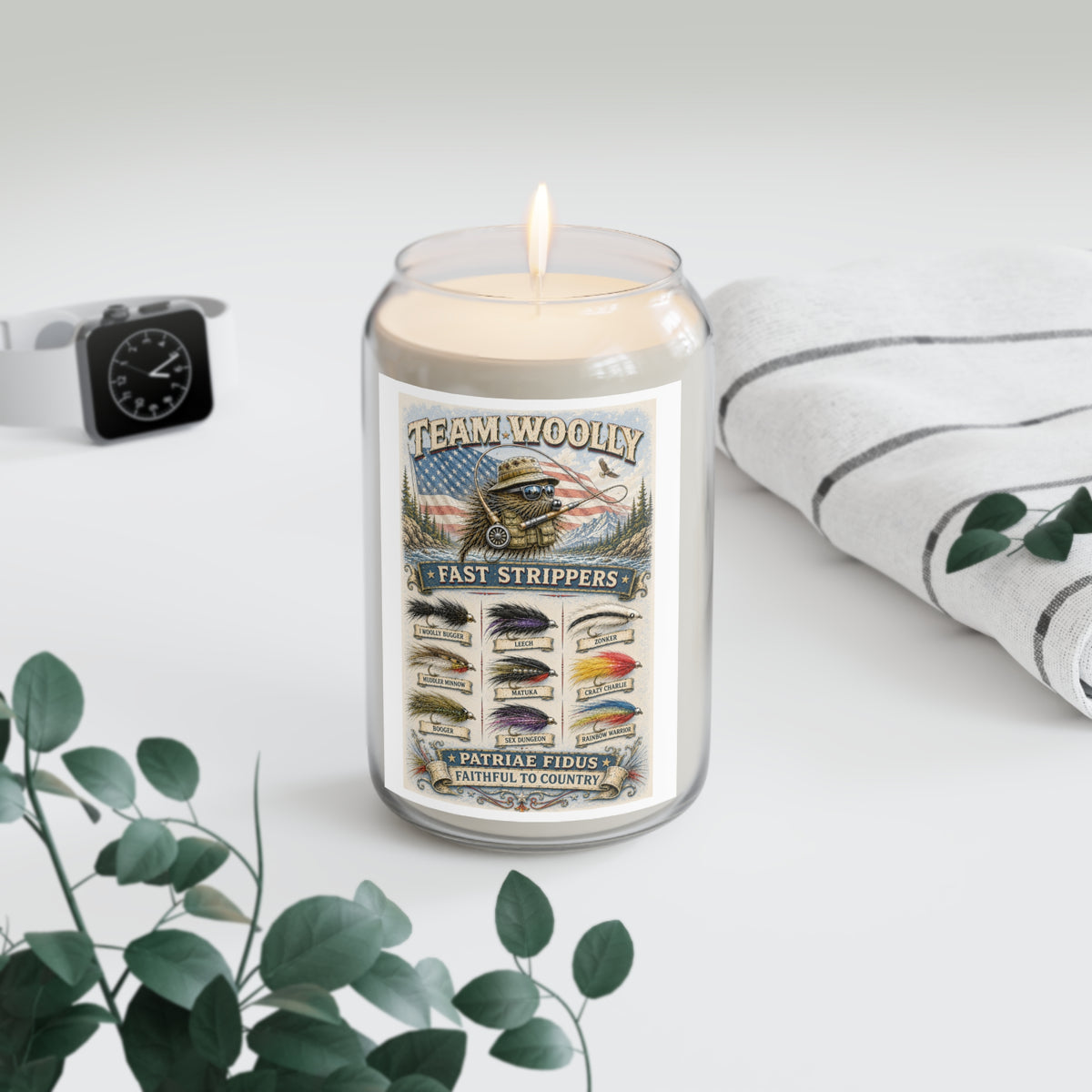 Patriotic Fishing Soy Candle — "Team Woolly Fast Strippers" 13.75oz Scented Jar