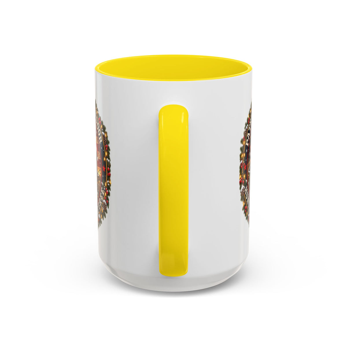Patriæ Fidus Outdoor Christmas Coffee Mug — "Hunt Hard, Live Free" with Labrador Trio (11/15oz)