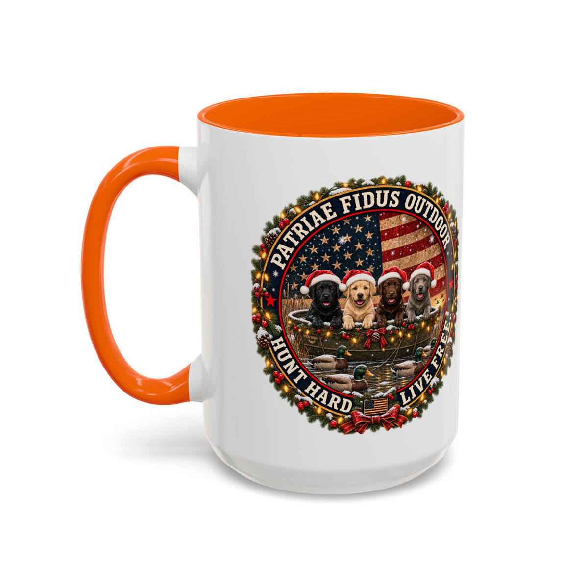 Patriæ Fidus Outdoor Christmas Coffee Mug — "Hunt Hard, Live Free" with Labrador Trio (11/15oz)