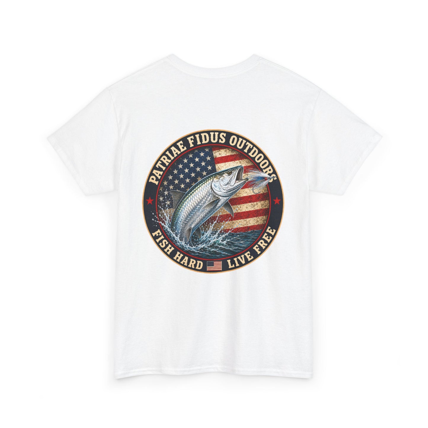 “Fish Hard Live Free” T-Shirt — Tarpon Patriae Fidus Outdoors American Flag Design