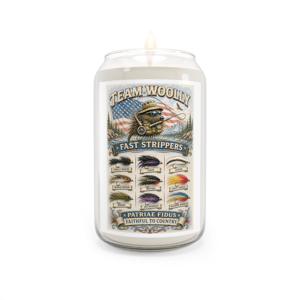 Patriotic Fishing Soy Candle — "Team Woolly Fast Strippers" 13.75oz Scented Jar