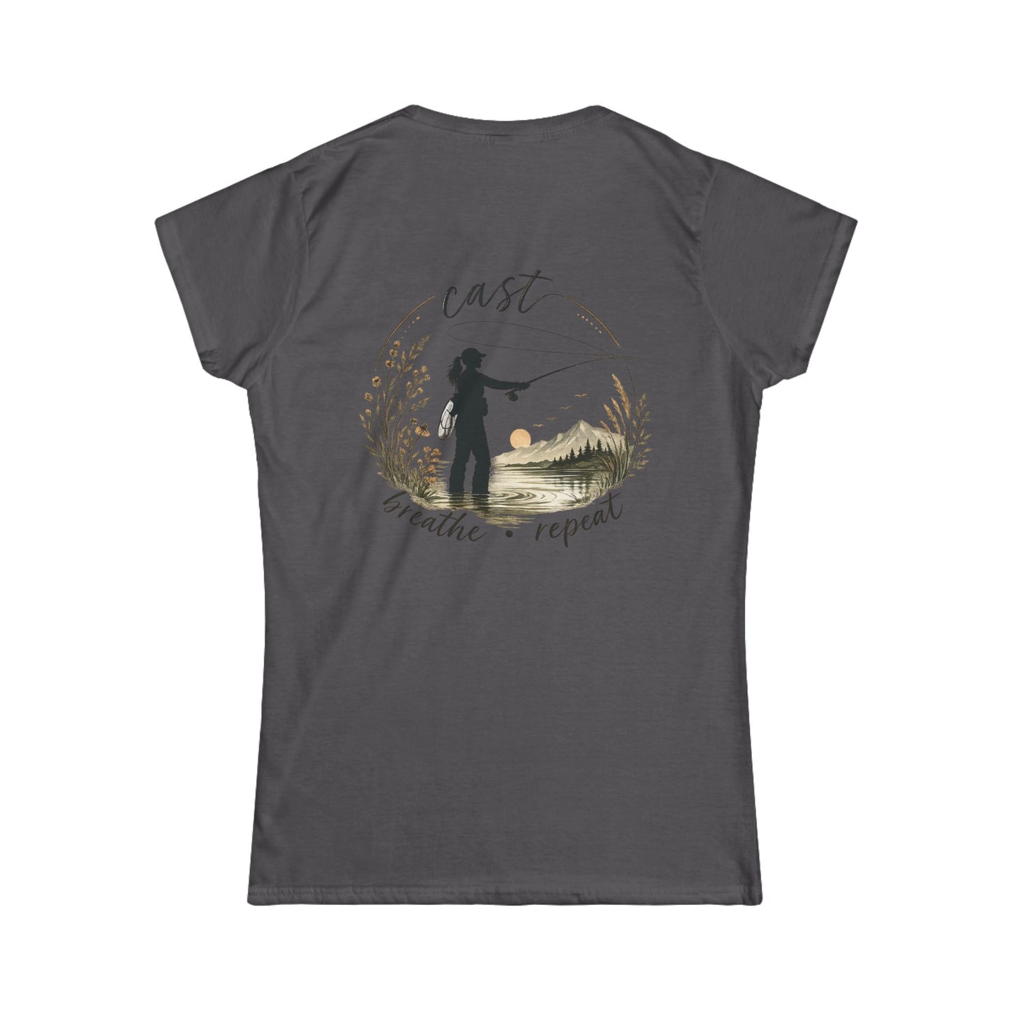 Women's Fly Fishing Tee — "Cast, Breathe, Repeat" Nature Graphic