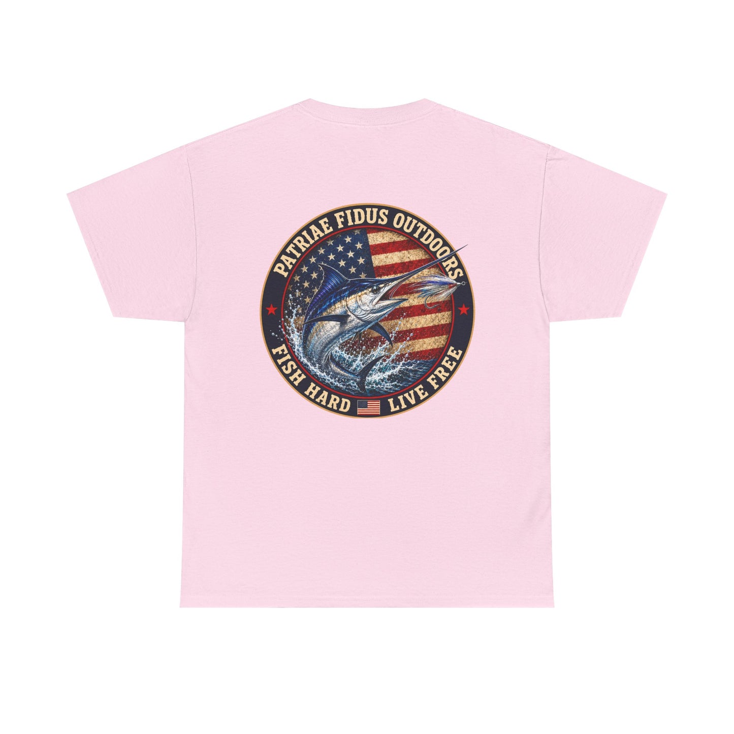 “Fish Hard Live Free” T-Shirt — Marlin Patriae Fidus Outdoors American Flag Design
