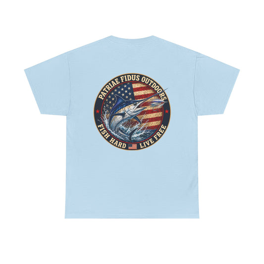 “Fish Hard Live Free” T-Shirt — Marlin Patriae Fidus Outdoors American Flag Design