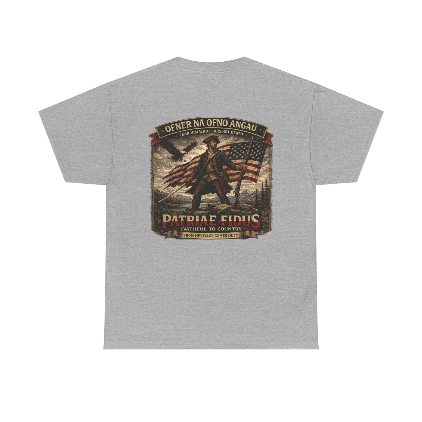 Patriae Fidus Patriotic Tee — Revolutionary Soldier Flag Graphic T‑Shirt