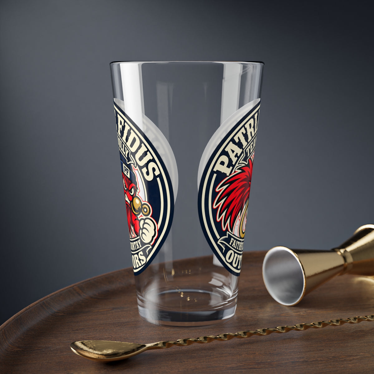 Mixing Glass — Patriæ Fidus Team Woolly Rooster Outdoor Logo Pint