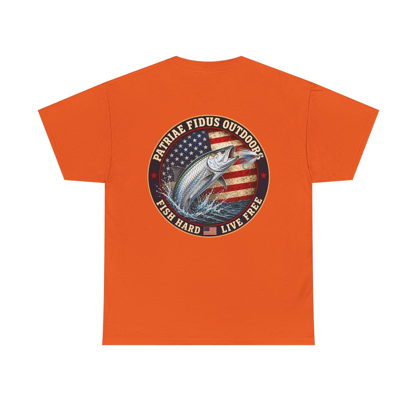 “Fish Hard Live Free” T-Shirt — Tarpon Patriae Fidus Outdoors American Flag Design