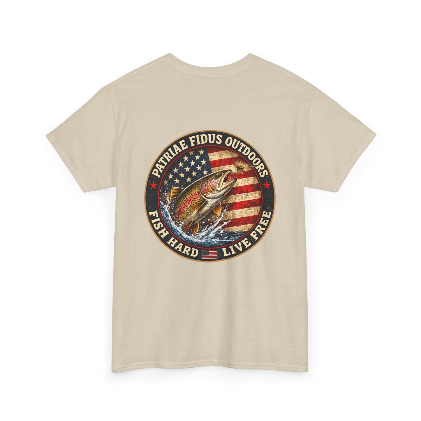 “Fish Hard Live Free” T-Shirt — Trout Patriae Fidus Outdoors American Flag Design