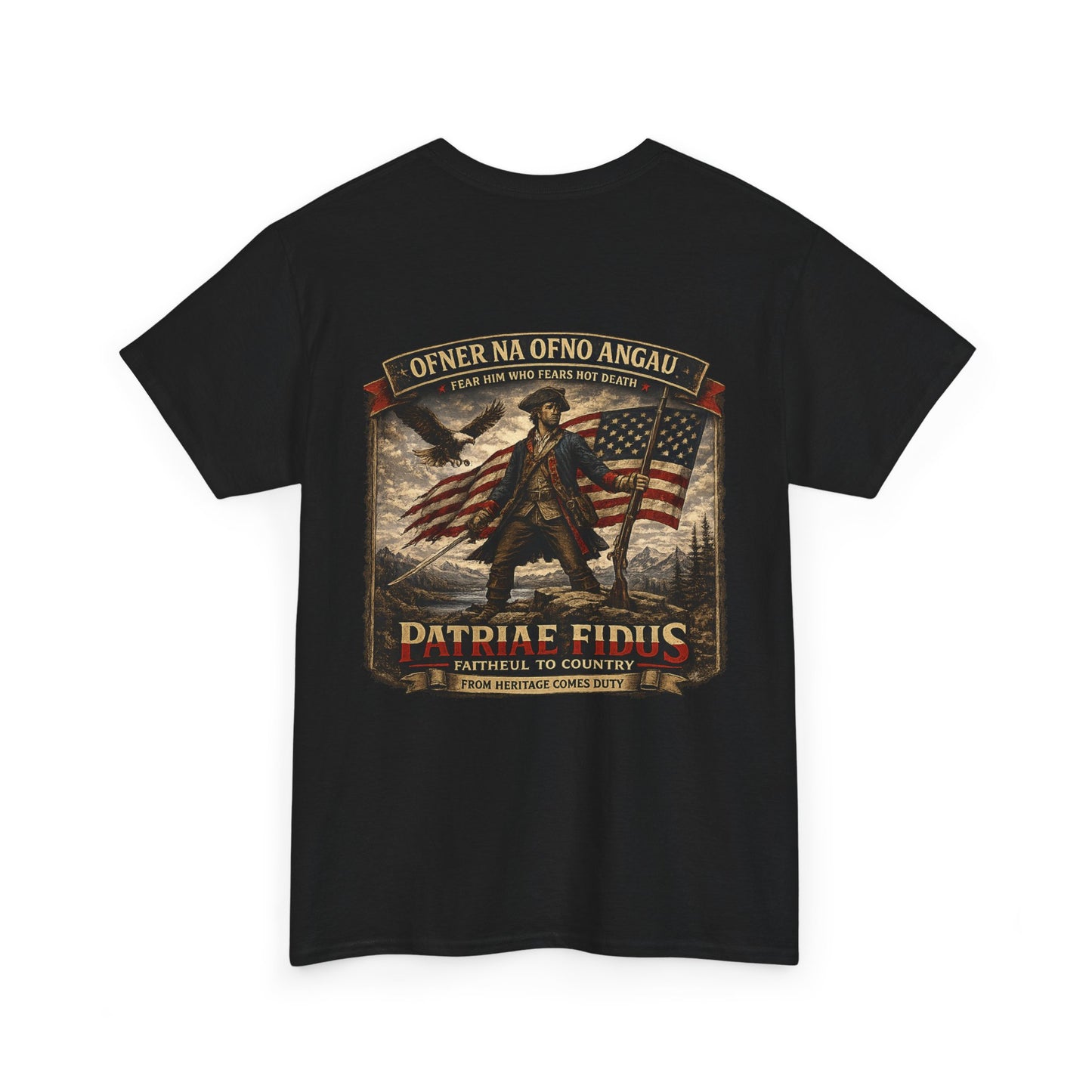 Patriae Fidus Patriotic Tee — Revolutionary Soldier Flag Graphic T‑Shirt