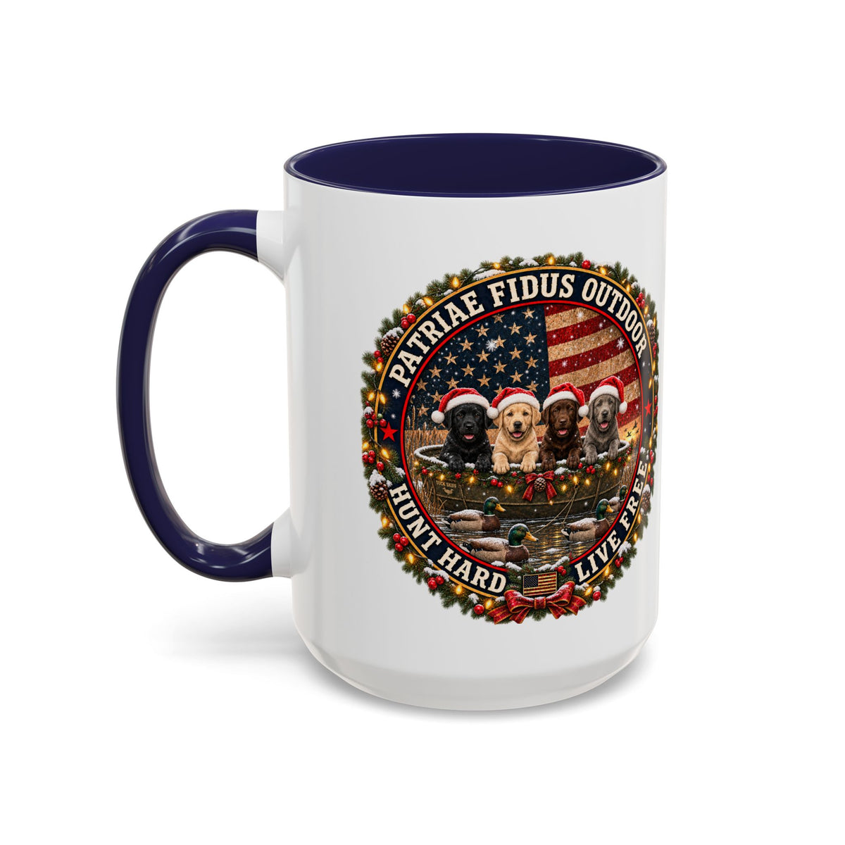 Patriæ Fidus Outdoor Christmas Coffee Mug — "Hunt Hard, Live Free" with Labrador Trio (11/15oz)