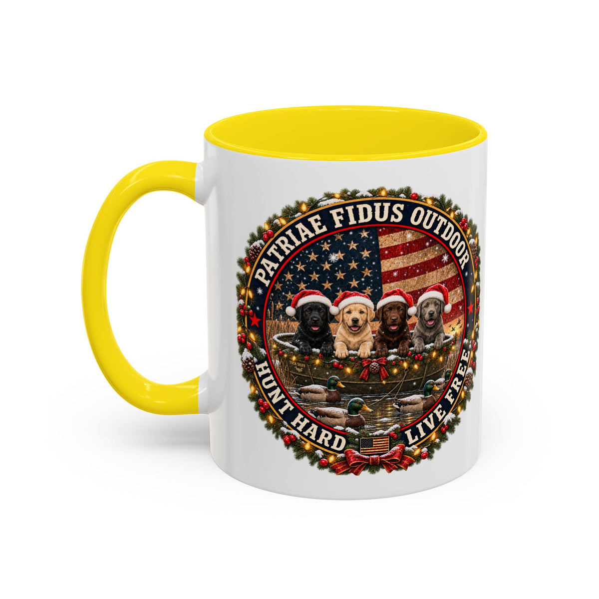 Patriæ Fidus Outdoor Christmas Coffee Mug — "Hunt Hard, Live Free" with Labrador Trio (11/15oz)