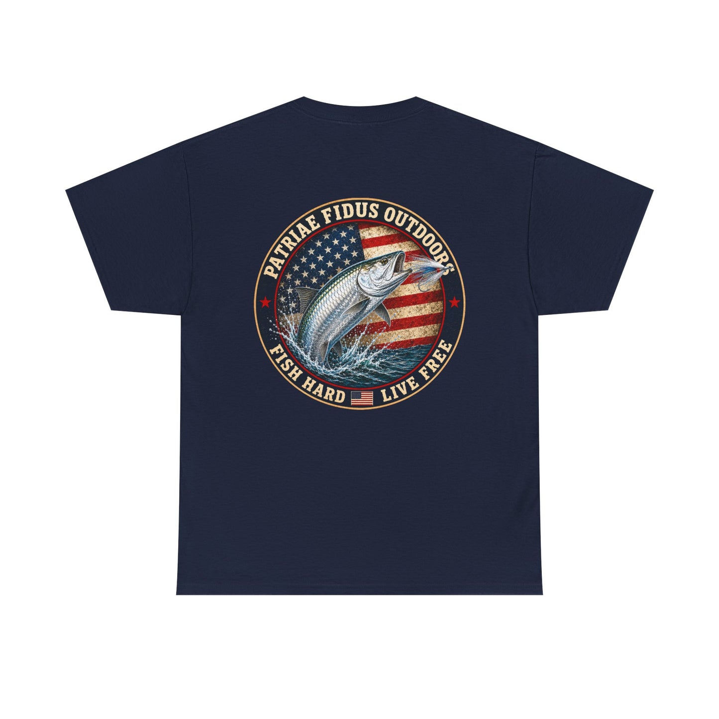 “Fish Hard Live Free” T-Shirt — Tarpon Patriae Fidus Outdoors American Flag Design