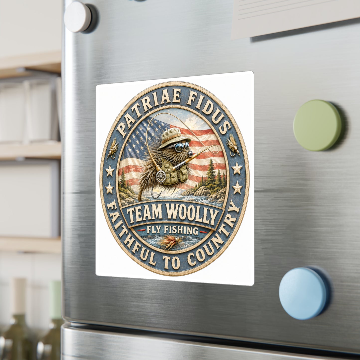 Kiss-Cut Vinyl Decal — "Team Woolly" Fly Fishing Patch with American Flag, Patriotic Outdoor Sticker