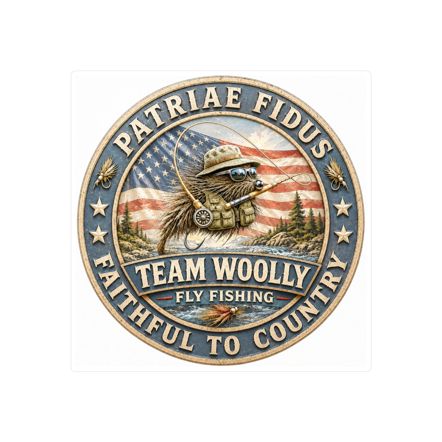 Kiss-Cut Vinyl Decal — "Team Woolly" Fly Fishing Patch with American Flag, Patriotic Outdoor Sticker