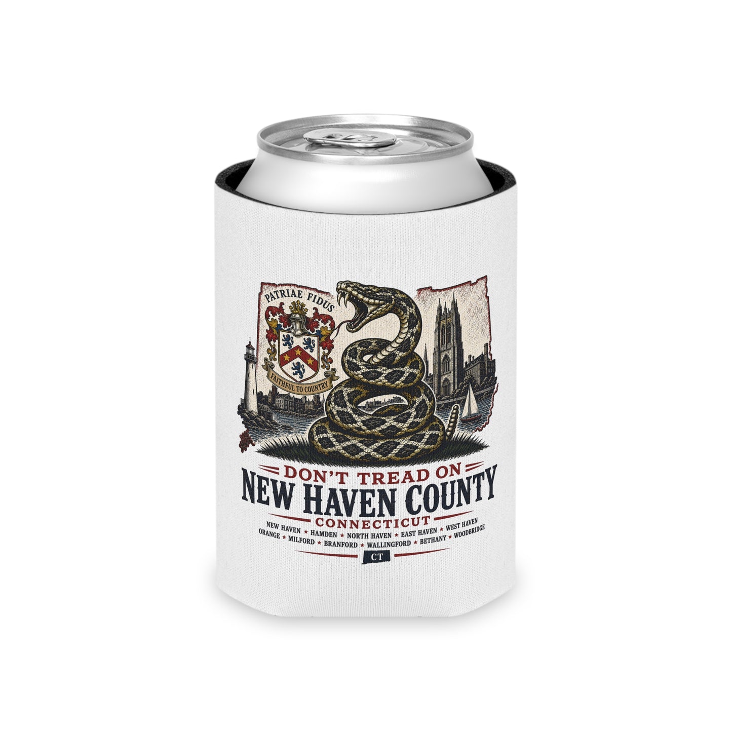 Can Cooler - "Don't Tread On New Haven County Connecticut" Snake Crest Design
