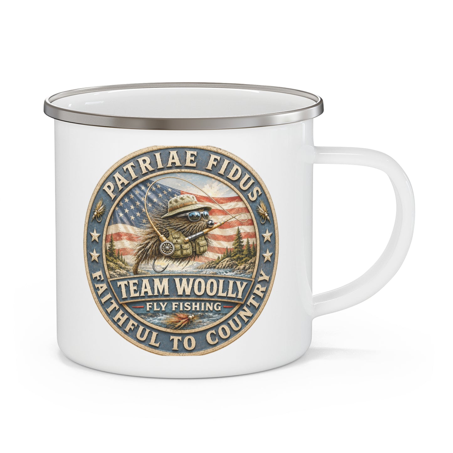 Enamel Camping Mug — 'Team Woolly' Patriotic Fly Fishing Design