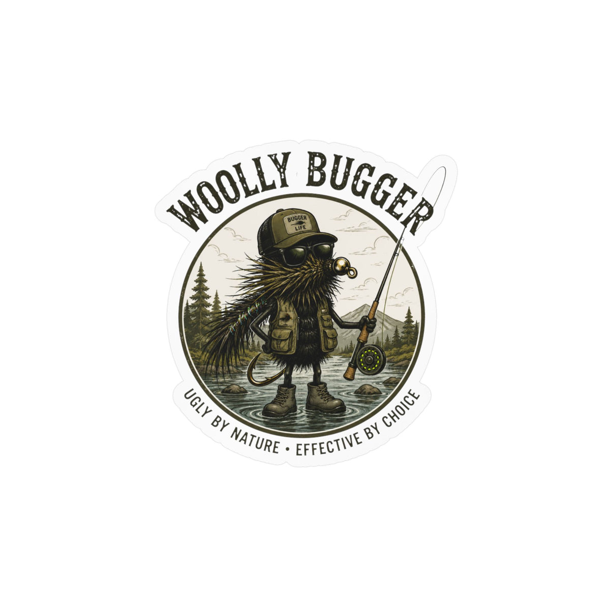 Kiss-Cut Vinyl Decal — "Woolly Bugger" Fly-Fishing Sticker (Ugly by Nature • Outdoor Angler Gift)