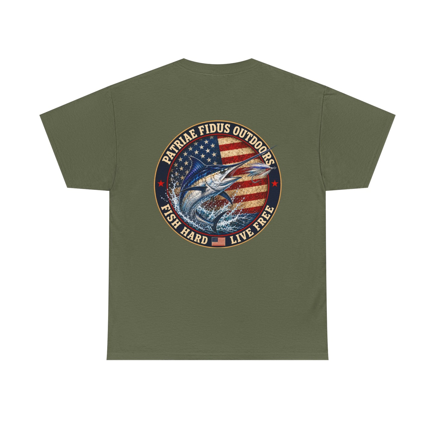 “Fish Hard Live Free” T-Shirt — Marlin Patriae Fidus Outdoors American Flag Design