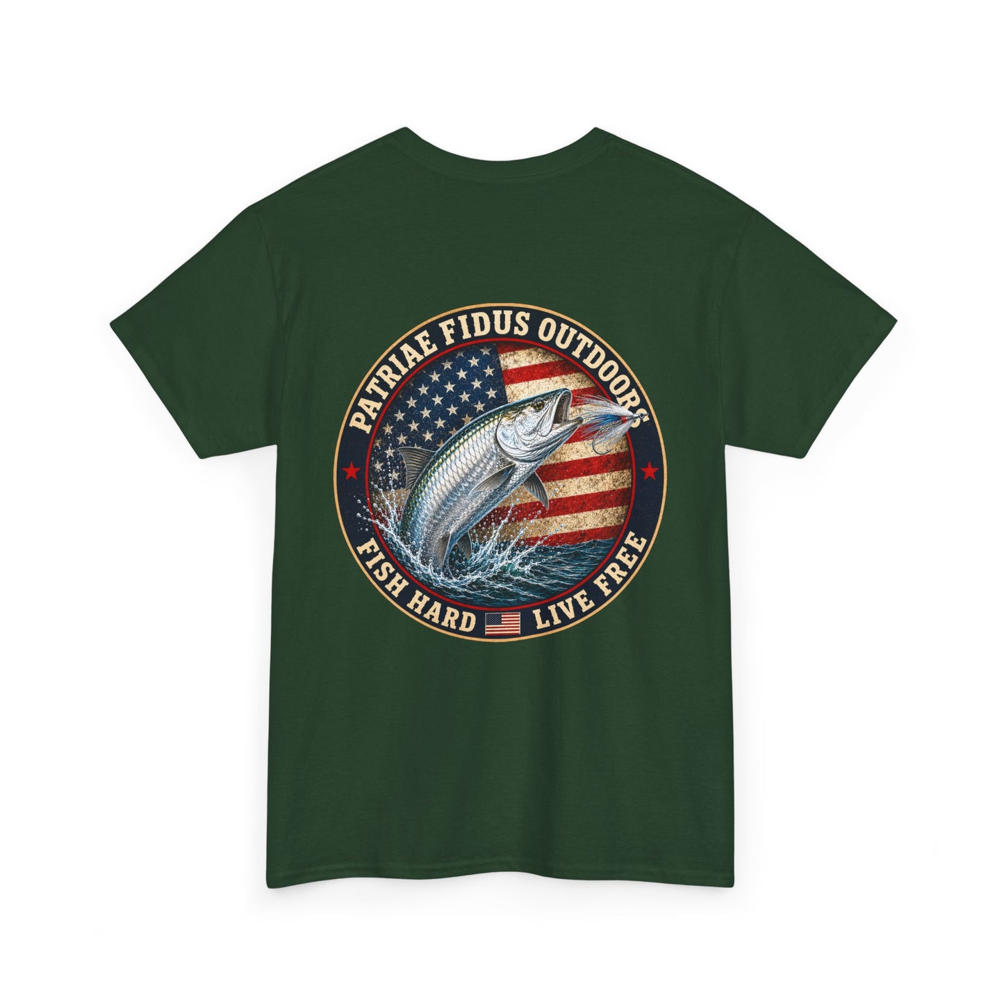 “Fish Hard Live Free” T-Shirt — Tarpon Patriae Fidus Outdoors American Flag Design