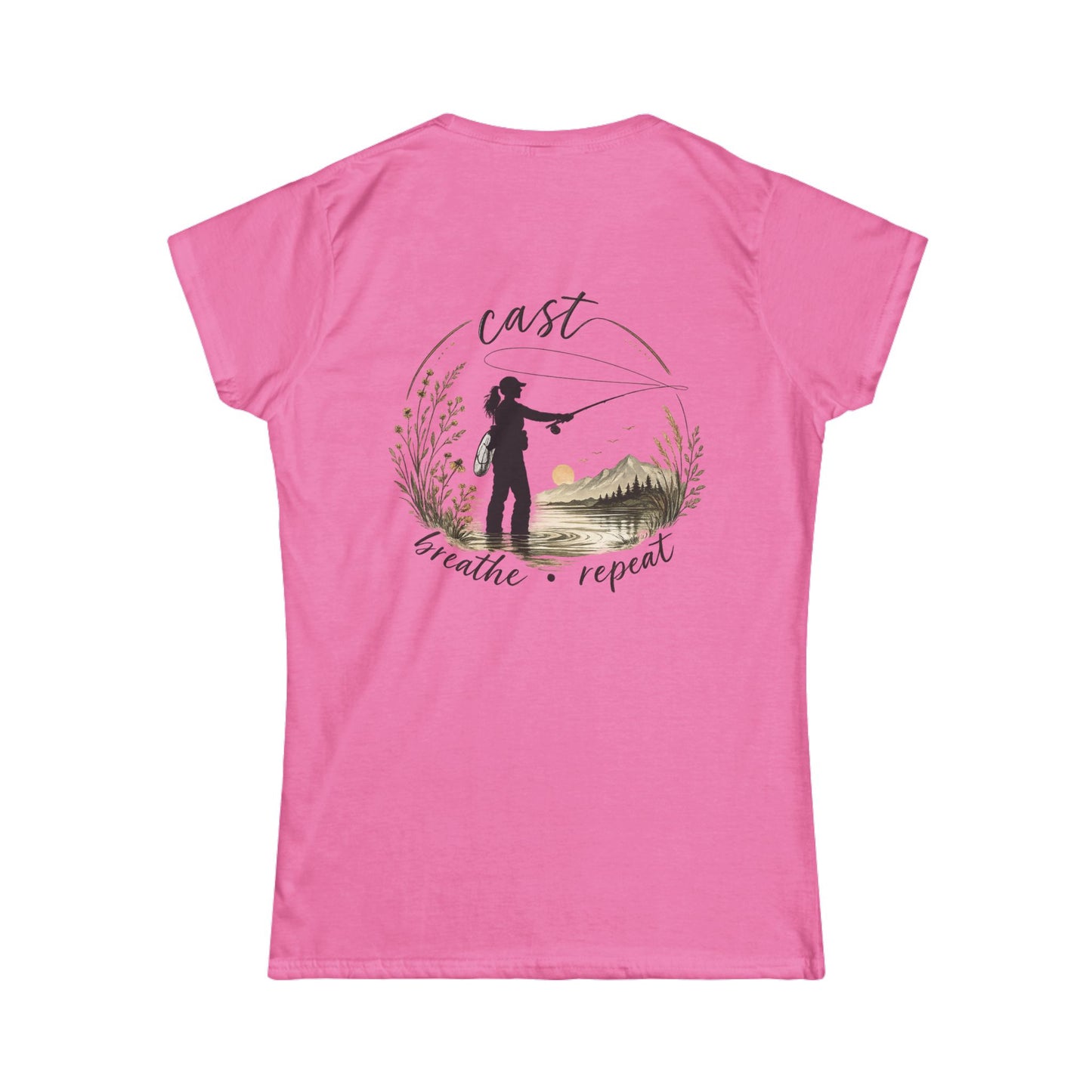 Women's Fly Fishing Tee — "Cast, Breathe, Repeat" Nature Graphic