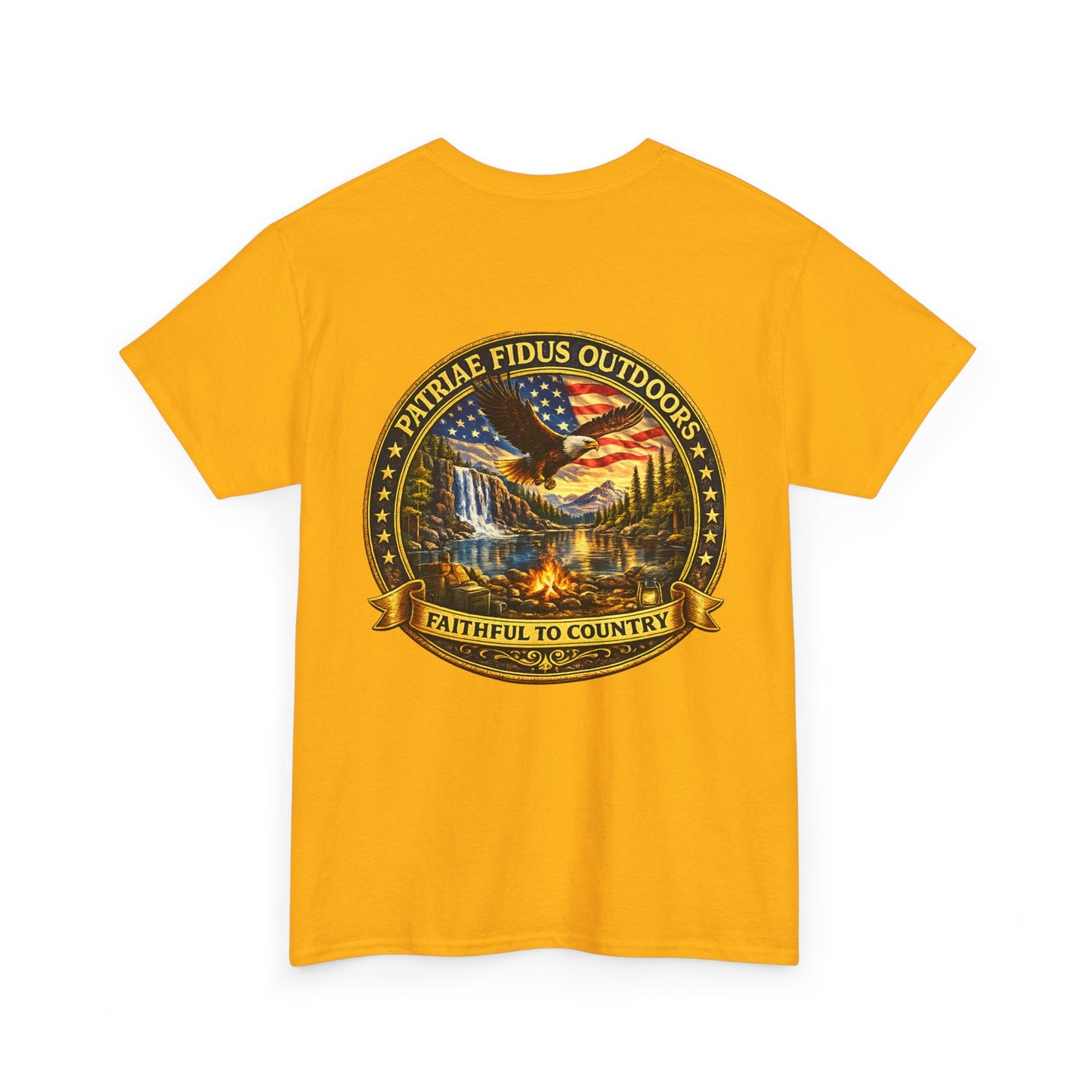 Patriae Fidus Outdoors Tee — Faithful to Country American Flag Eagle T‑Shirt