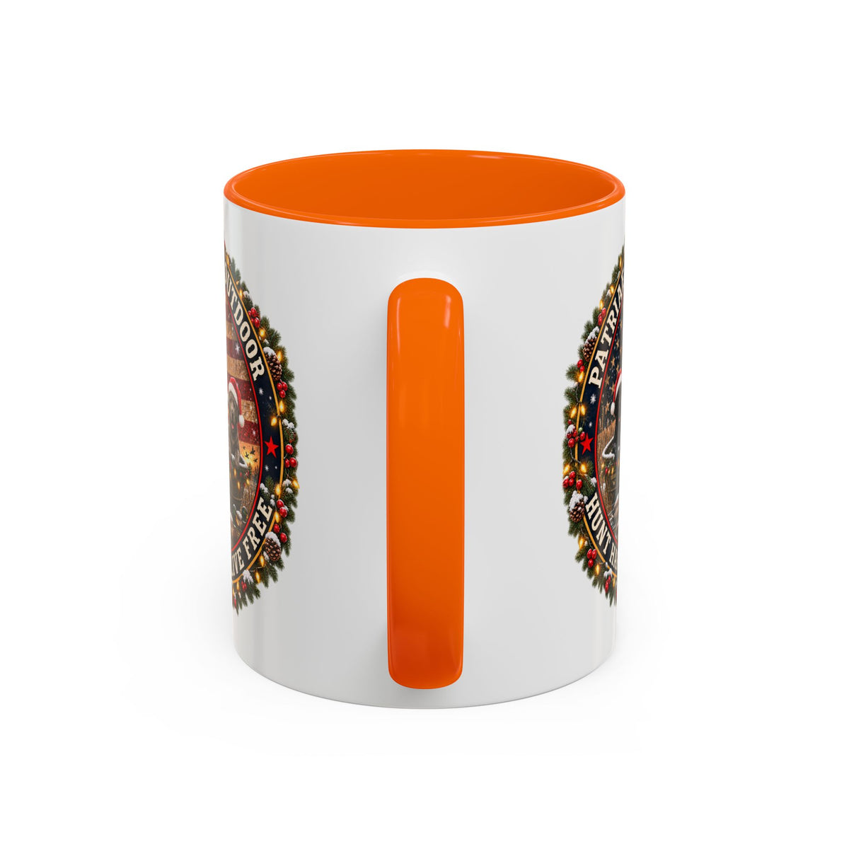 Patriæ Fidus Outdoor Christmas Coffee Mug — "Hunt Hard, Live Free" with Labrador Trio (11/15oz)
