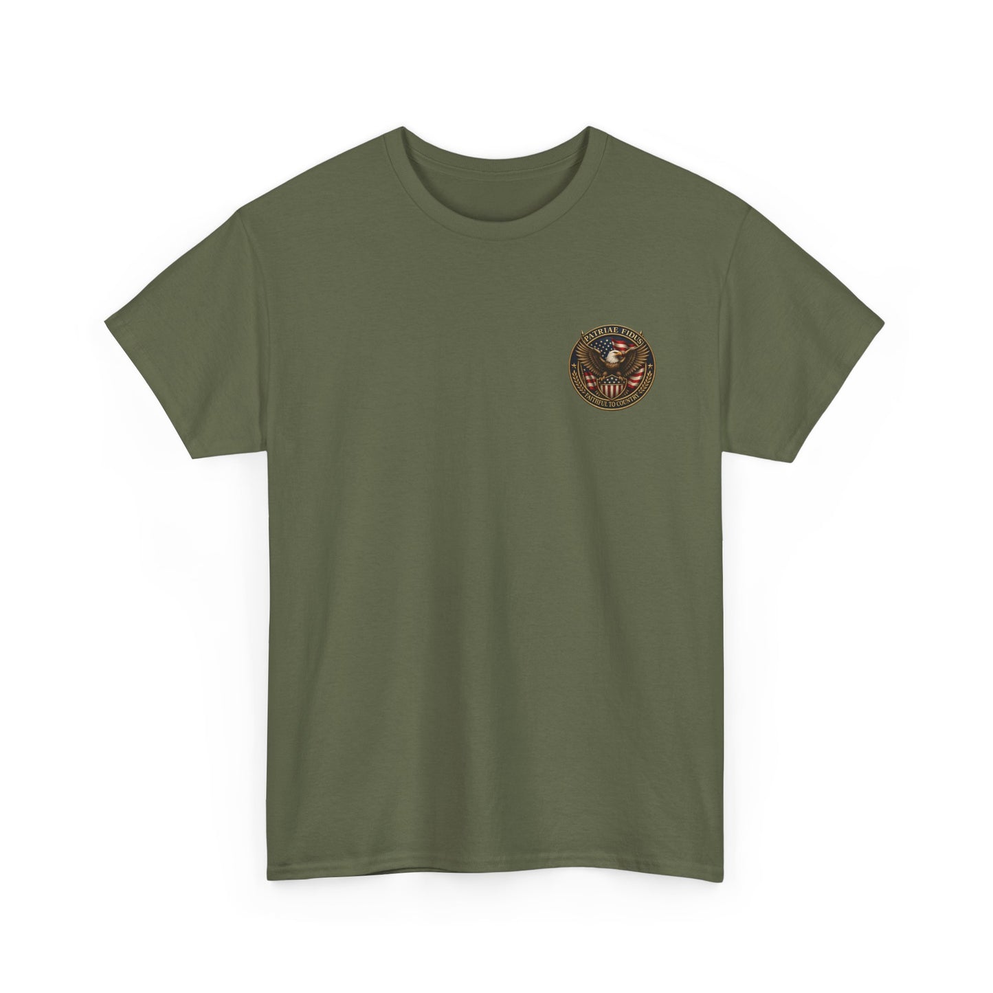Patriae Fidus Patriotic Tee — Revolutionary Soldier Flag Graphic T‑Shirt