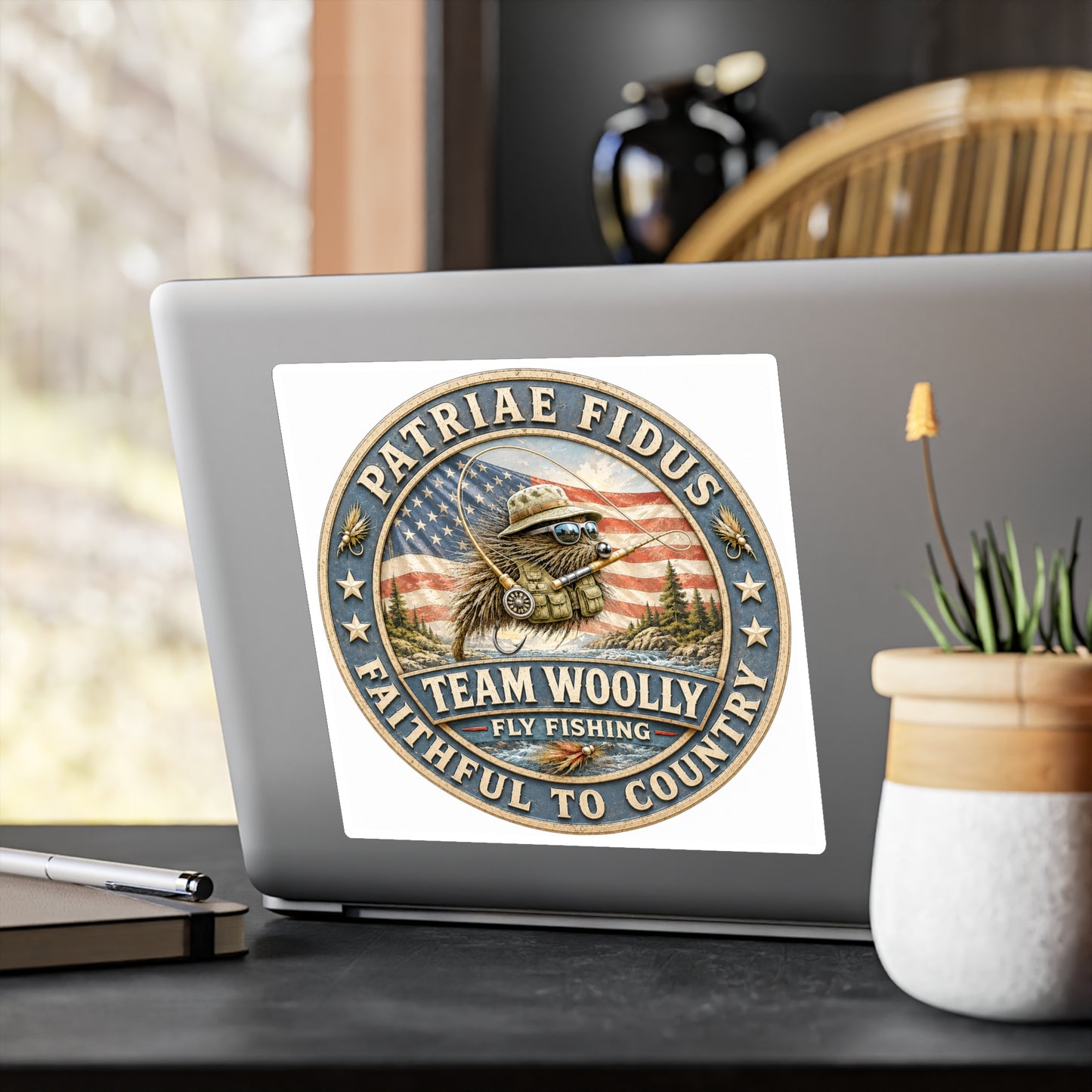 Kiss-Cut Vinyl Decal — "Team Woolly" Fly Fishing Patch with American Flag, Patriotic Outdoor Sticker